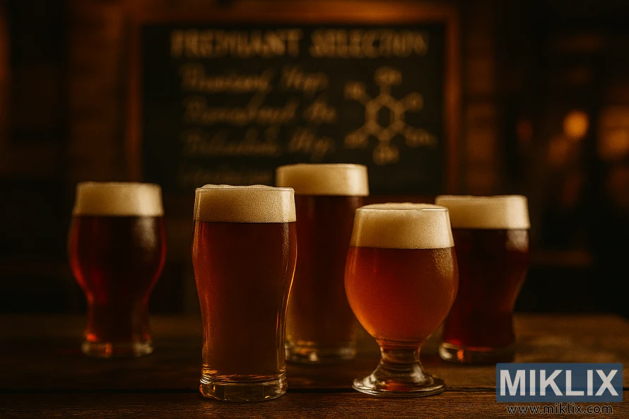 Пять бокалов пива «Премиант» на обветренном деревянном столе в тепло освещенной таверне. Пять бокалов пива «Премиант» на обветренном деревянном столе в тепло освещенной таверне.