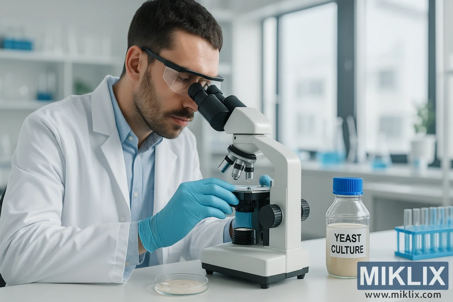 Ilmuwan di laboratorium modern yang terang sedang memeriksa kultur ragi melalui mikroskop. Ilmuwan di laboratorium modern yang terang sedang memeriksa kultur ragi melalui mikroskop.
