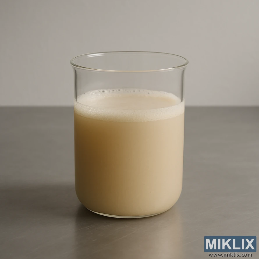 Bakin gilashin bayyananne mai cike da ruwa mai hatsabibin beige kuma an lullube shi da kumfa, yana hutawa a kan tebur mai tsaftar bakin karfe cikin haske mai laushi.