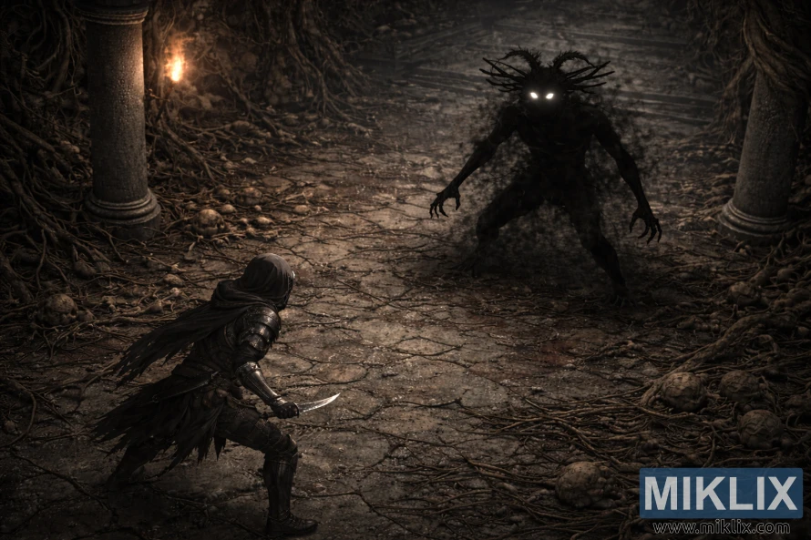 Isometriese donker fantasie-aansig van die Aangetaste in Swart Knif-pantser wat na die Begraafplaasskaduwee binne die Swart Knif-katakombes kyk.