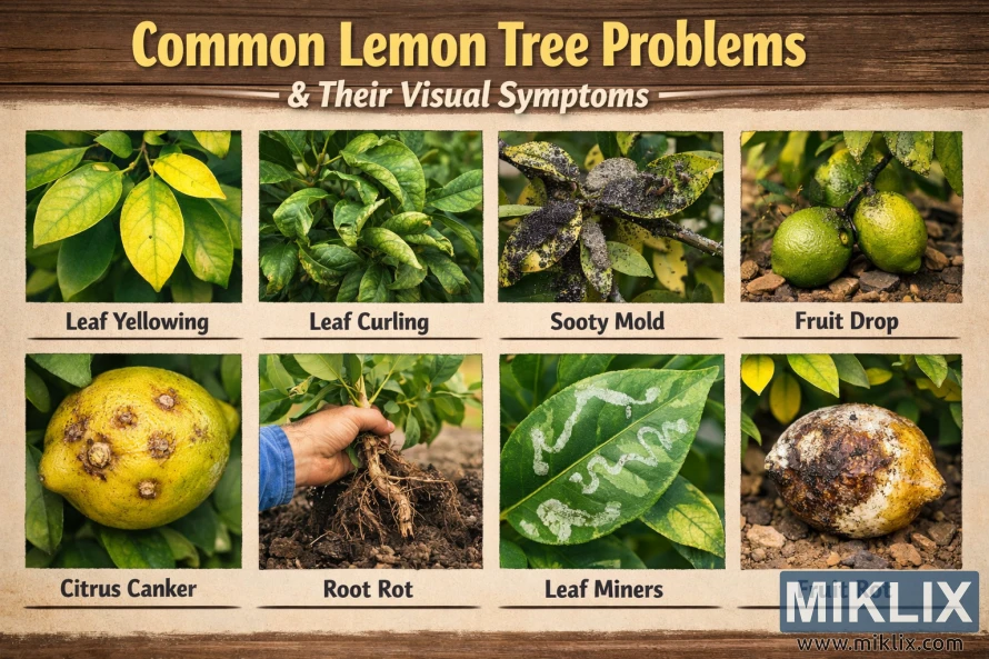 Hình ảnh minh họa mang tính giáo dục cho thấy các vấn đề thường gặp ở cây chanh như lá vàng, lá xoăn, nấm bồ hóng, rụng quả, bệnh loét thân, thối rễ, sâu đục lá và thối quả, kèm theo ảnh minh họa có chú thích cho từng triệu chứng.