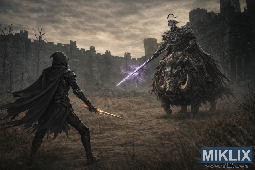 Realistic fantasy scene of the Tarnished in Black Knife armor facing Commander Gaius riding an armored boar amid ruined fortress walls before combat.