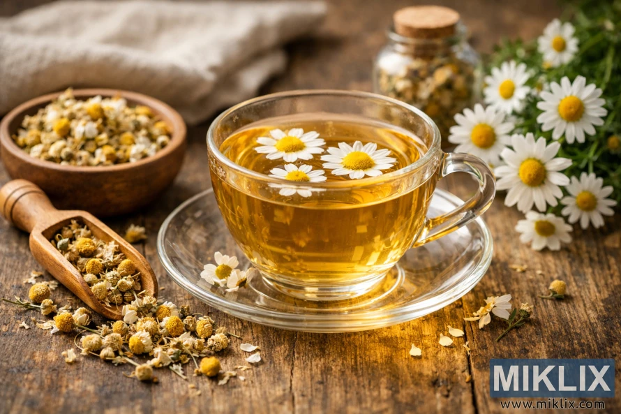 Glass cup of chamomile tea with floating flowers on a rustic wooden table, surrounded by dried and fresh chamomile blossoms.