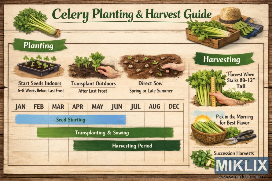 Kalendar i ilustruar i mbjelljes dhe korrjes së selinosë që tregon afatet kohore të mbjelljes, transplantimit dhe korrjes së farave gjatë muajve të vitit.