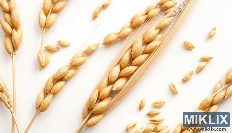 सफेद पृष्ठभूमि पर जैविक जौ के दानों और डंठलों का क्लोज-अप। सफेद पृष्ठभूमि पर जैविक जौ के दानों और डंठलों का क्लोज-अप।