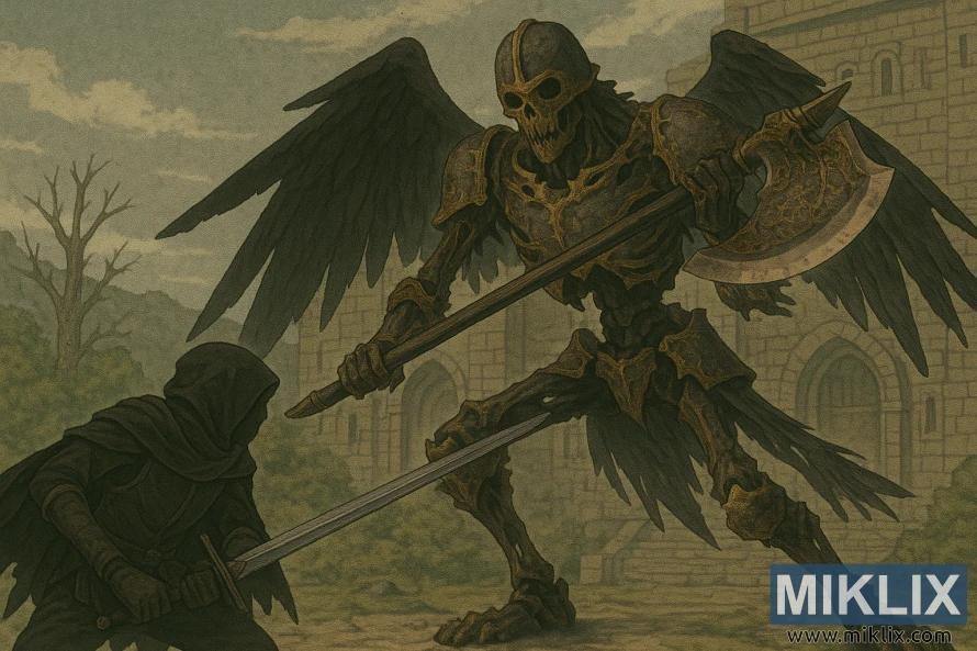 Anime-style scene of a Tarnished fighting a towering skeletal Black Blade Kindred with a two-handed axe outside the Bestial Sanctum.