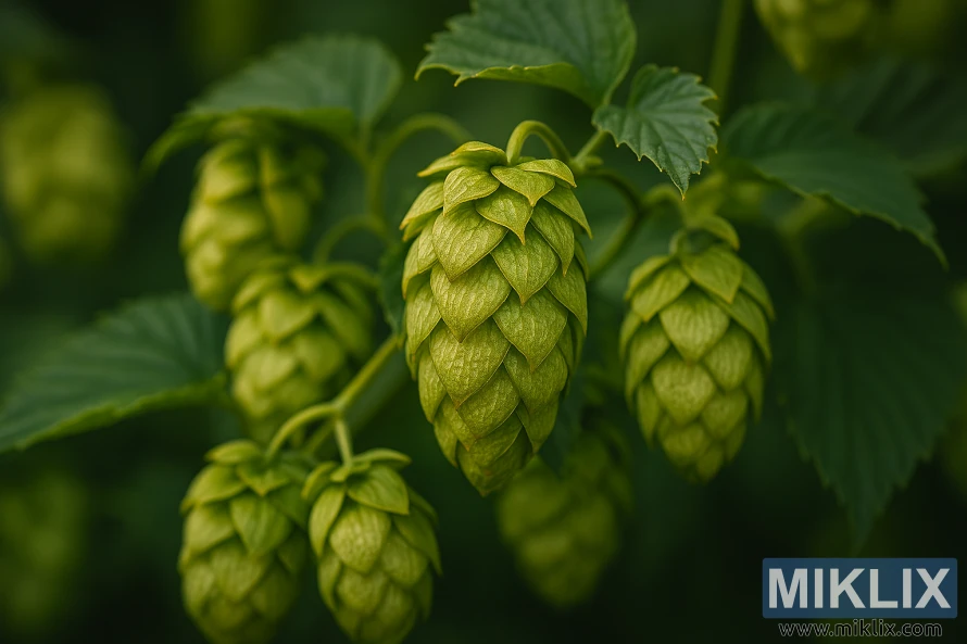 Крупный план шишек хмеля сорта «Премиант» с золотистыми прицветниками и зелеными листьями под мягким освещением Крупный план шишек хмеля сорта «Премиант» с золотистыми прицветниками и зелеными листьями под мягким освещением