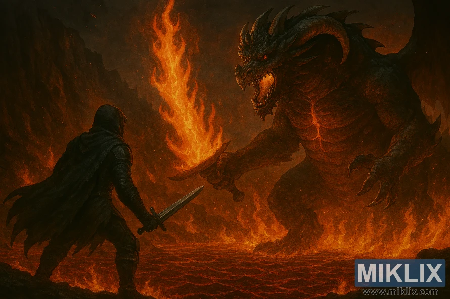 Realistic fantasy art of Tarnished battling a colossal Magma Wyrm with flaming sword in Elden Ring Realistic fantasy art of Tarnished battling a colossal Magma Wyrm with flaming sword in Elden Ring