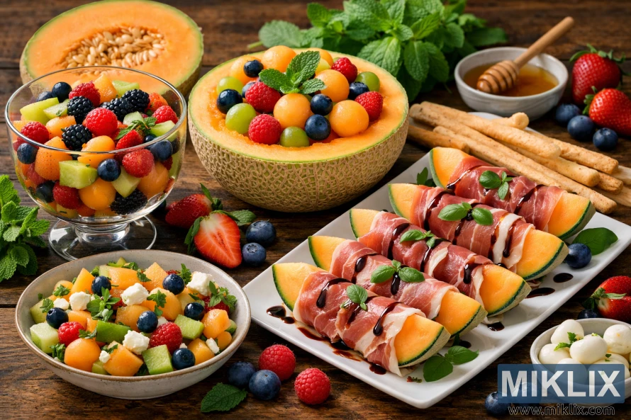 Tavolinë rustike me pjata krijuese me pjepër, duke përfshirë sallatë frutash, pjepër të mbështjellë me proshutë, tas me topa pjepri dhe manaferra të freskëta me barishte