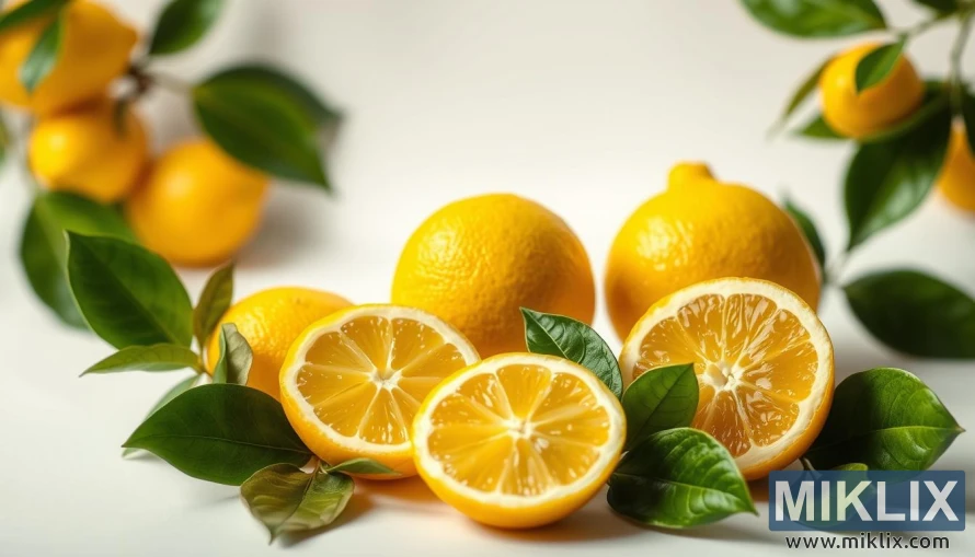 Limões frescos inteiros e fatiados com folhas em um fundo claro sob luz suave. Limões frescos inteiros e fatiados com folhas em um fundo claro sob luz suave.