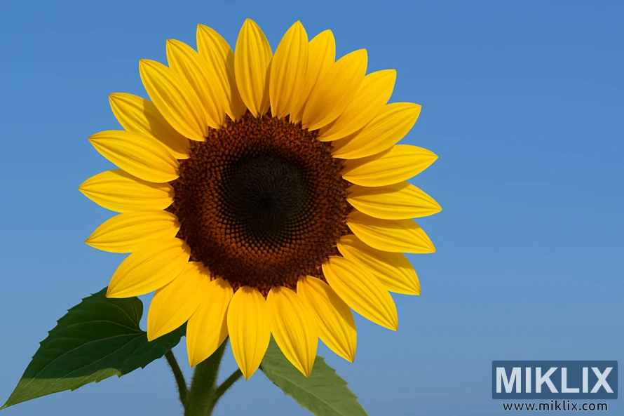 Nahaufnahme einer Taiyo-Sonnenblume mit perfekten goldenen Blütenblättern und einer dunklen zentralen Scheibe unter einem strahlend blauen Sommerhimmel. Nahaufnahme einer Taiyo-Sonnenblume mit perfekten goldenen Blütenblättern und einer dunklen zentralen Scheibe unter einem strahlend blauen Sommerhimmel.