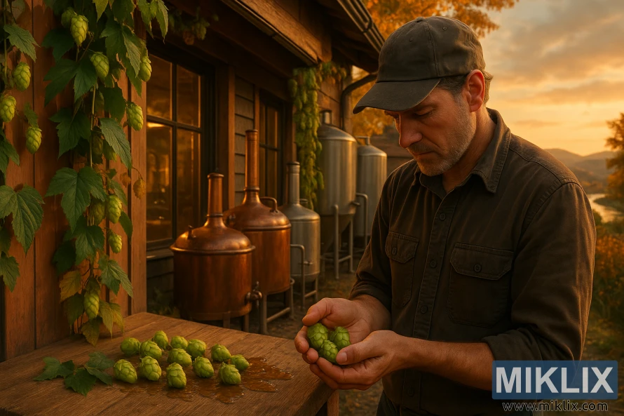 Brewmaster inspiserer fersk Melba-humle utenfor et koselig bryggeri med vannkoker, tanker og høstbakker i bakgrunnen.