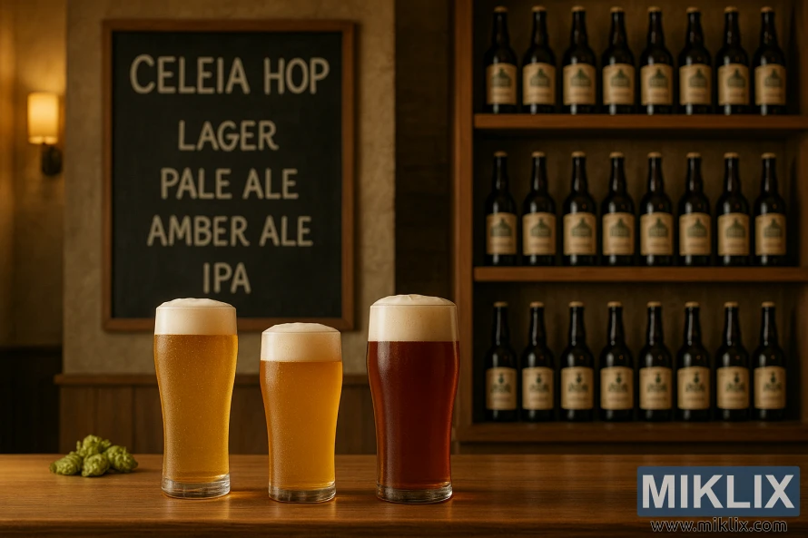 Trys šalto alaus rūšys šiltoje, jaukioje alaus bare su kreidos lentoje pateiktu meniu ir buteliuose prikrautų alaus rūšių lentynomis.