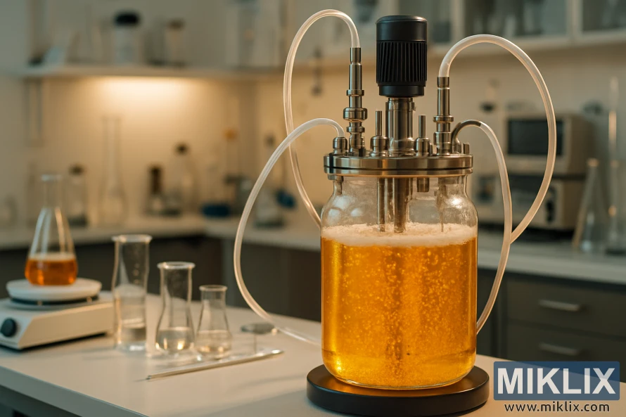 Glass fermenter filled with golden liquid bubbling in a well-lit brewing lab, surrounded by scientific equipment.