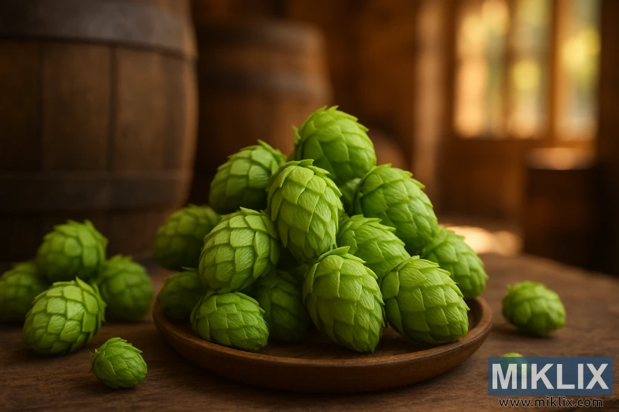 Posnetek živahnih zelenih hmeljskih storžev od blizu, razporejenih na lesenem krožniku v topli, rustikalni notranjosti pivovarne.