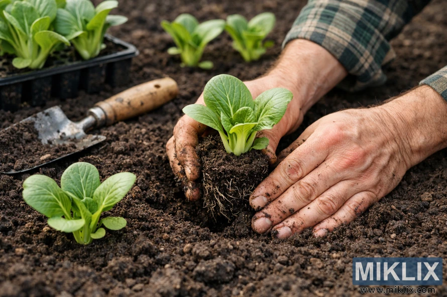 Hender som planter en ung bok choy-frøplante i mørk hagejord med en murskje og andre frøplanter i bakgrunnen. Hender som planter en ung bok choy-frøplante i mørk hagejord med en murskje og andre frøplanter i bakgrunnen.