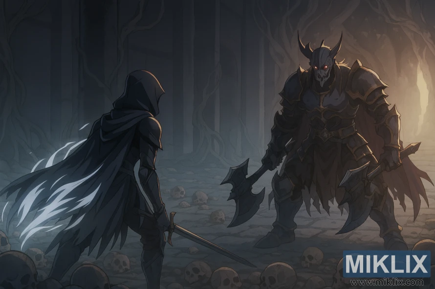 ଫଗ୍ ରିଫ୍ଟ କାଟାକମ୍ବସ୍‌ରେ ଡେଥ୍ ନାଇଟ୍ ବସ୍‌ଙ୍କ ସାମ୍ନାରେ କଳା ନାଇଫ୍ ଆର୍ମରେ ଟାର୍ଣ୍ଣିସ୍‌ଙ୍କ ଆନିମେ-ଶୈଳୀର ପ୍ରଶଂସକ କଳା।