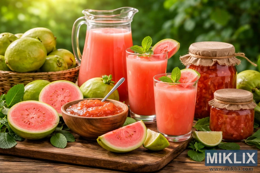 Fresh guava fruits with pink flesh displayed alongside guava juice, jam, and preserves on a rustic wooden table outdoors.