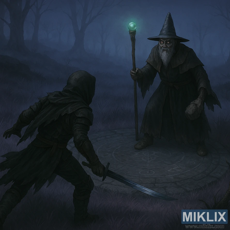 Illustration semi-réaliste d'Elden Ring montrant l'armure du Couteau Terni en Noir face au Mage de Bataille Hugues, vue d'en haut.