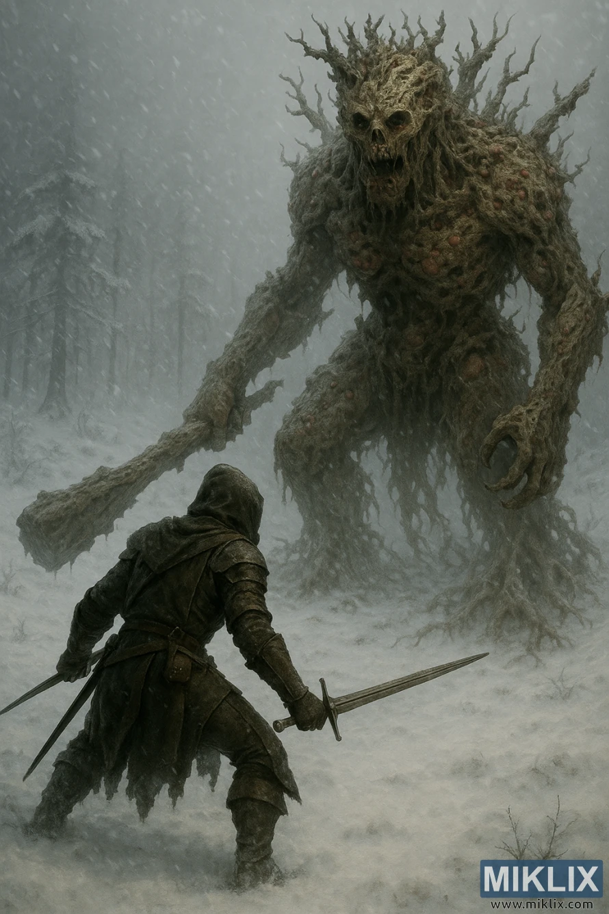 ਦੋ ਤਲਵਾਰਾਂ ਵਾਲਾ ਇੱਕ ਹੁੱਡ ਵਾਲਾ, ਬਖਤਰਬੰਦ ਯੋਧਾ ਬਰਫੀਲੇ ਤੂਫਾਨ ਵਿੱਚ ਇੱਕ ਉੱਚੇ ਸੜਦੇ ਦਰੱਖਤ ਵਰਗੇ ਰਾਖਸ਼ ਦਾ ਸਾਹਮਣਾ ਕਰਦਾ ਹੈ। ਦੋ ਤਲਵਾਰਾਂ ਵਾਲਾ ਇੱਕ ਹੁੱਡ ਵਾਲਾ, ਬਖਤਰਬੰਦ ਯੋਧਾ ਬਰਫੀਲੇ ਤੂਫਾਨ ਵਿੱਚ ਇੱਕ ਉੱਚੇ ਸੜਦੇ ਦਰੱਖਤ ਵਰਗੇ ਰਾਖਸ਼ ਦਾ ਸਾਹਮਣਾ ਕਰਦਾ ਹੈ।