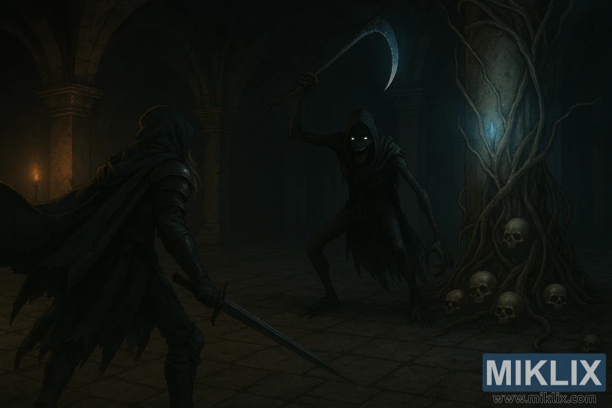 Dark fantasy illustration of the Tarnished in Black Knife armor confronting the Cemetery Shade in Caelid Catacombs.