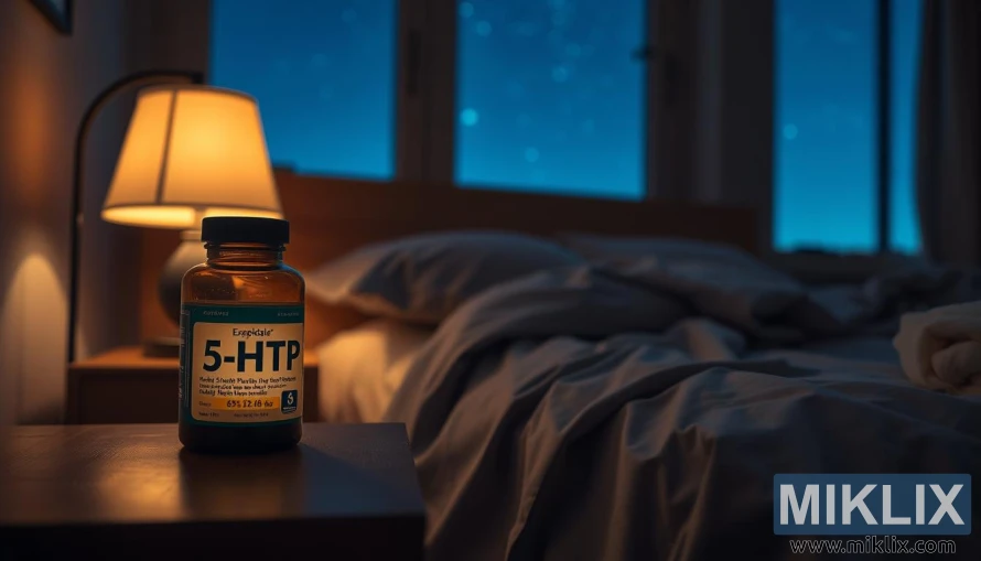 5-HTP अनुपूरक बोतल को गर्म लैंप की रोशनी में आरामदायक बिस्तर के बगल में रात्रिस्तंभ पर रखा गया है।