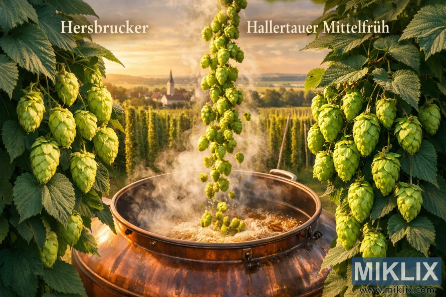 Side-by-side view of Hersbrucker and Hallertauer Mittelfrüh hops cascading into a steaming copper brewing kettle on a German hop farm at golden hour.