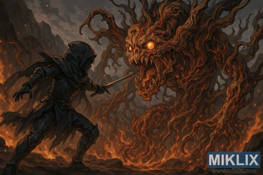 Anime stil scena Tarnished u Black Knife oklop bori Ulcerated Tree Spirit usred plamena u planini Gelmir.