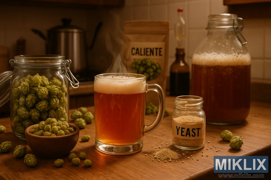 A warm, softly lit kitchen counter featuring a steaming mug of amber craft beer surrounded by hops, yeast, and brewing equipment.