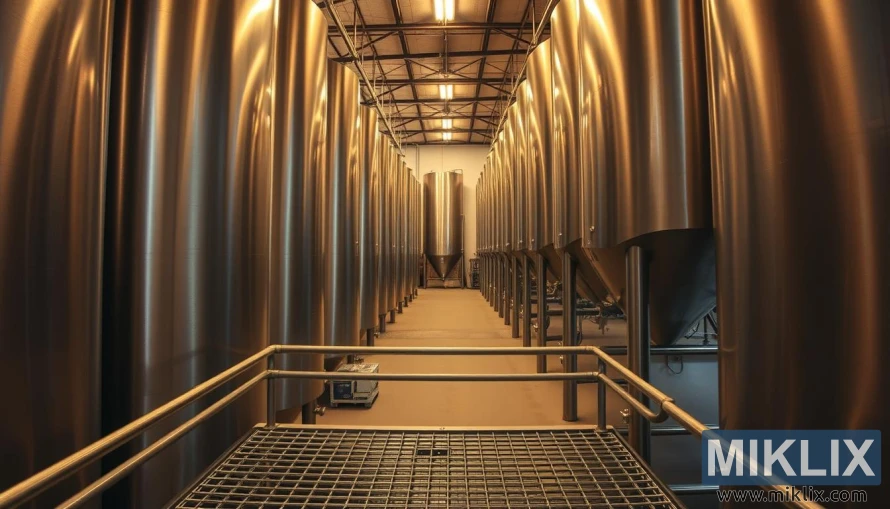 Rader med humlesiloer i rustfritt stål i en velorganisert bod.