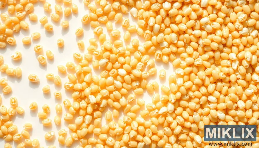 Lähikuva tuoreista kullanruskeista kvinoanjyvistä puhtaalla valkoisella taustalla pehmeässä valossa. Lähikuva tuoreista kullanruskeista kvinoanjyvistä puhtaalla valkoisella taustalla pehmeässä valossa.