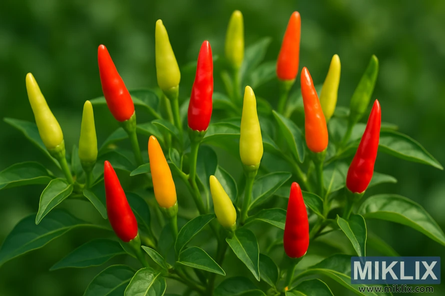 Färgglada thailändska Bird's Eye-chilier som växer upprätt på en frodig grön växt. Färgglada thailändska Bird's Eye-chilier som växer upprätt på en frodig grön växt.