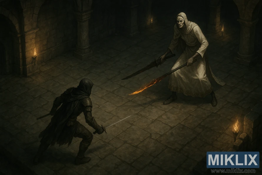 A realistic isometric scene of the Tarnished facing the tall Godskin Apostle in a dark stone chamber lit by torches.