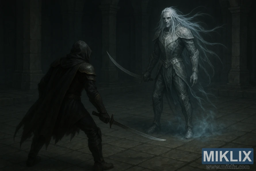 Dark fantasy scene of the Tarnished facing a taller, spectral Ancient Hero of Zamor wielding a single curved sword in an ancient stone hall.