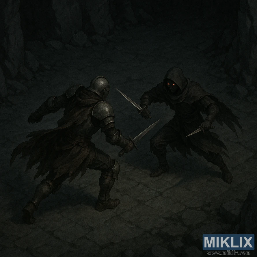 Isometric dark fantasy battle scene showing the Tarnished fighting a dual-dagger Black Knife Assassin inside a shadowy cavern. Isometric dark fantasy battle scene showing the Tarnished fighting a dual-dagger Black Knife Assassin inside a shadowy cavern.