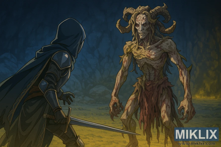 Anime-stil fan art av Tarnished in Black Knife-rustningen som møter Lamenter-sjefen i en steinete hule.