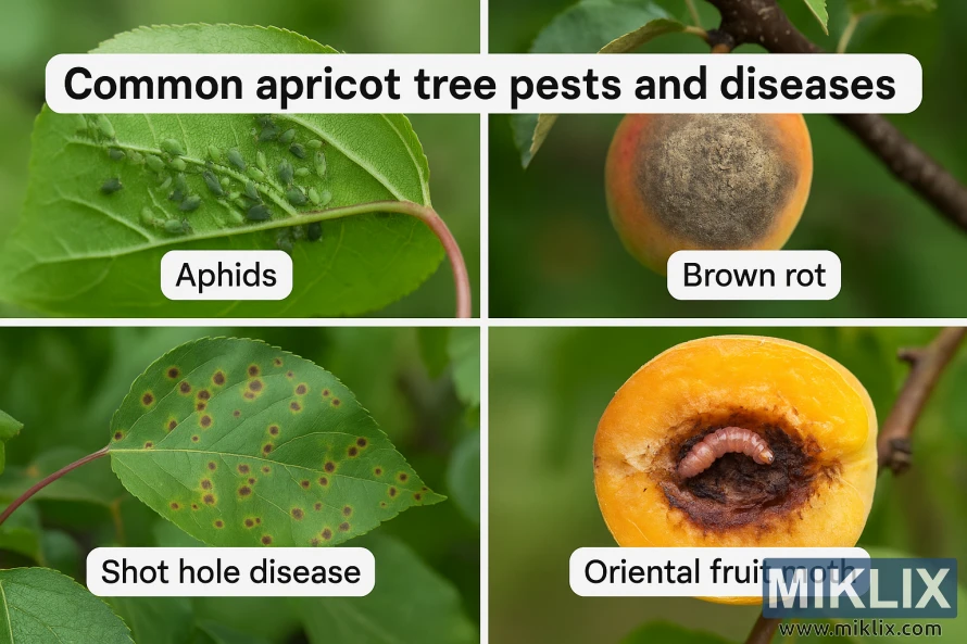 Image pédagogique illustrant les ravageurs et maladies courants de l'abricotier, notamment les pucerons, la pourriture brune, la maladie des trous et la tordeuse orientale du pêcher, avec des photos légendées.
