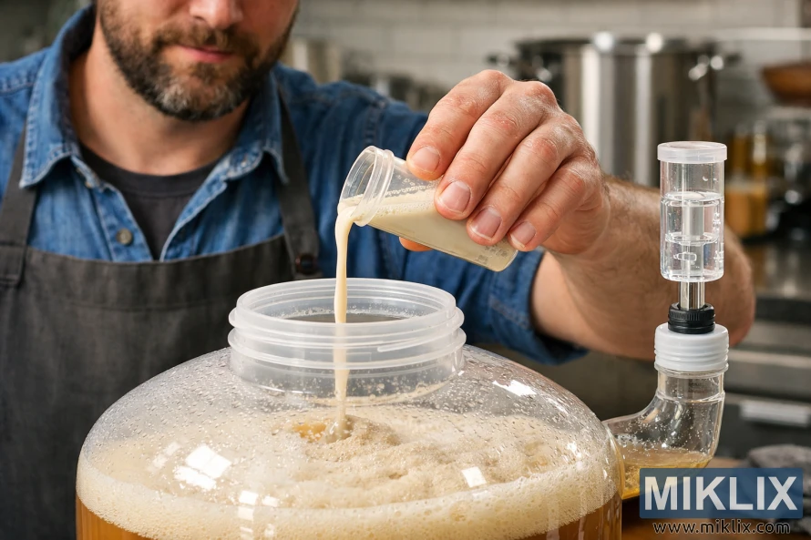 Malapitang pagtingin sa isang brewer na nagbubuhos ng likidong yeast sa isang fermentation vessel sa isang modernong kusina habang ginagawa ang paggawa ng serbesa.