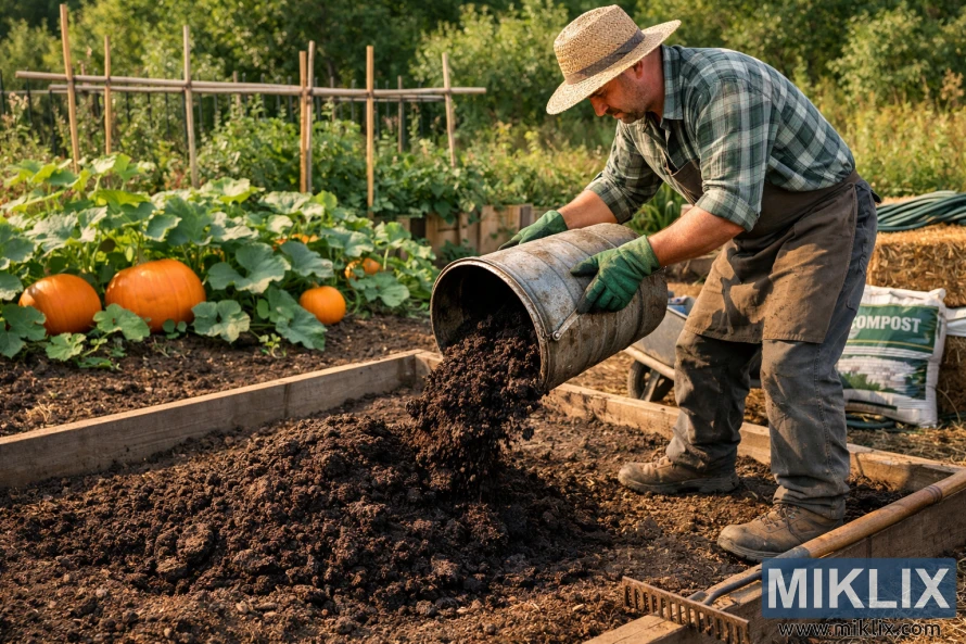 Gardener pouring compost into a raised garden bed while preparing soil for growing pumpkins in a sunlit garden.