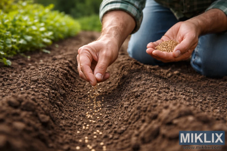 Close-up of a gardener’s hands carefully sowing cilantro seeds into a prepared soil row in an outdoor garden