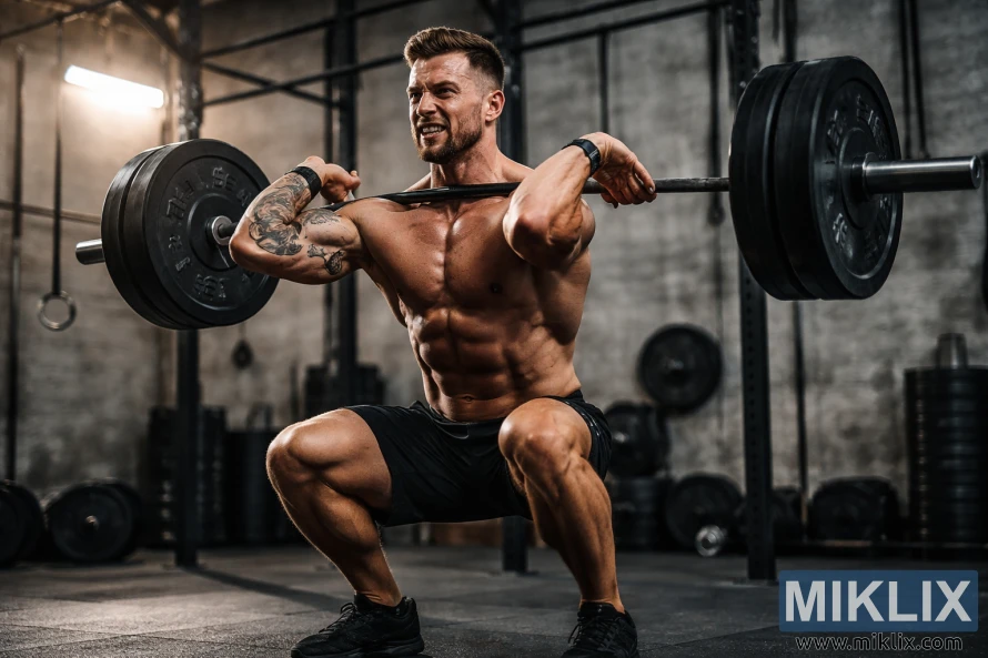 Atlit berotot tanpa baju ngalakukeun squat hareup anu beurat nganggo barbell di jero gim CrossFit industri. Atlit berotot tanpa baju ngalakukeun squat hareup anu beurat nganggo barbell di jero gim CrossFit industri.