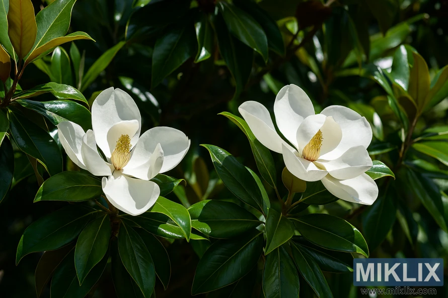 Close-up of Southern Magnolia flowers with glossy green leaves in sunlight