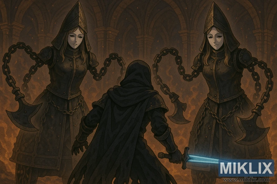 Juodojo Peilio karys degančioje vulkaninėje menėje susiduria su dviem aukštai stovinčiomis Pagrobėjų Mergelėmis su grandinėmis surakintais kirviais.