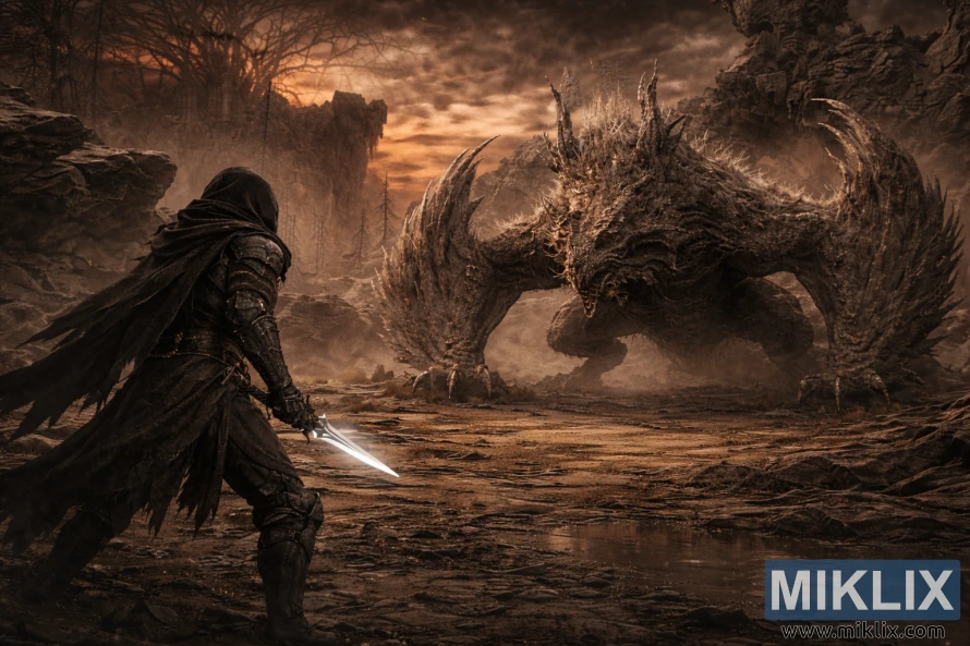 Wide dark fantasy scene showing the Tarnished from behind on the left, facing a colossal Jagged Peak Drake amid a barren, rocky landscape under a fiery sky. Wide dark fantasy scene showing the Tarnished from behind on the left, facing a colossal Jagged Peak Drake amid a barren, rocky landscape under a fiery sky.