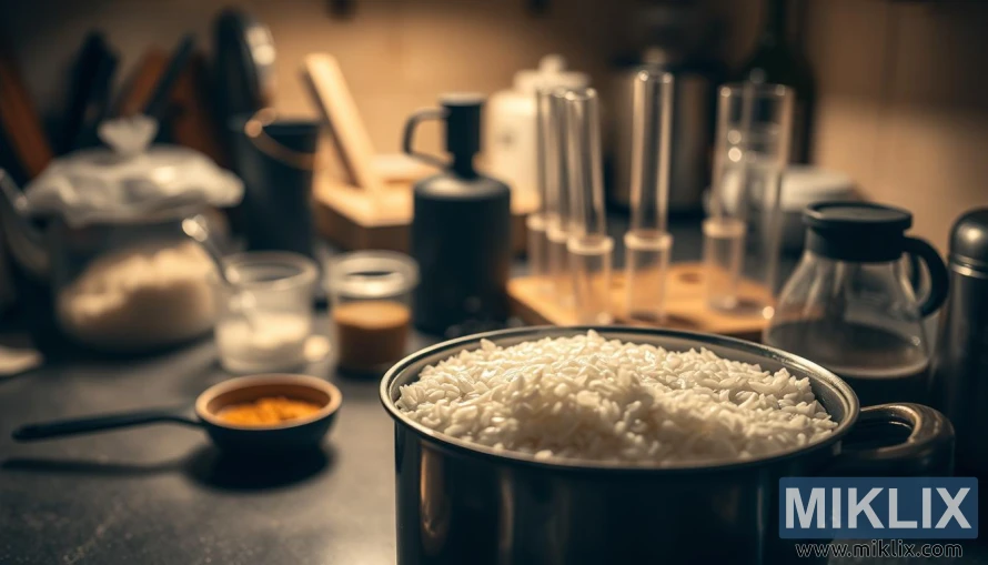 Dampende gryte med ris på en kjøkkenbenk med bryggeverktøy for feilsøking av risøl.