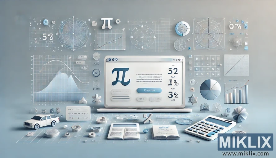 Laptop with pi symbol, charts, graphs, and calculator representing online mathematical tools.