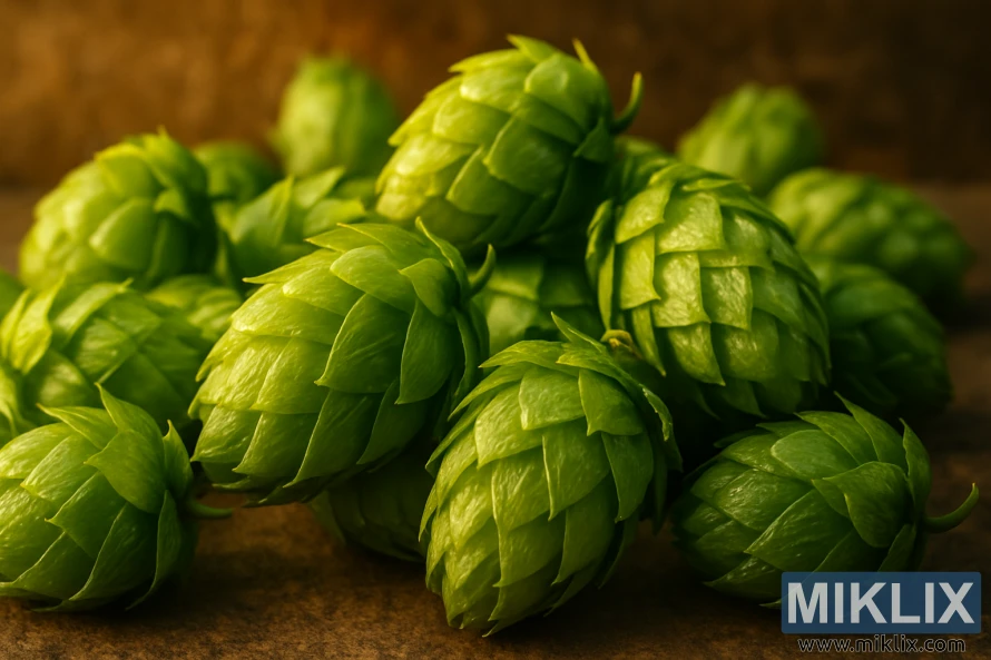 Close-up of vibrant green Simcoe hop cones under warm golden-hour lighting against a rustic background. Close-up of vibrant green Simcoe hop cones under warm golden-hour lighting against a rustic background.