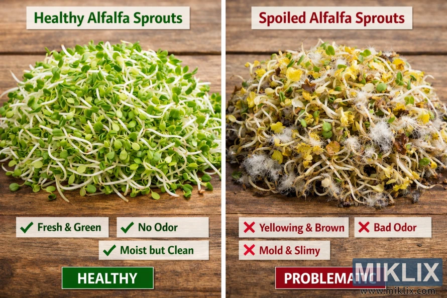 Side-ved-side-sammenligning av sunne grønne alfalfaspirer og ødelagte, mugne alfalfaspirer på en treflate med etiketter som fremhever friskhet kontra ødeleggelse.