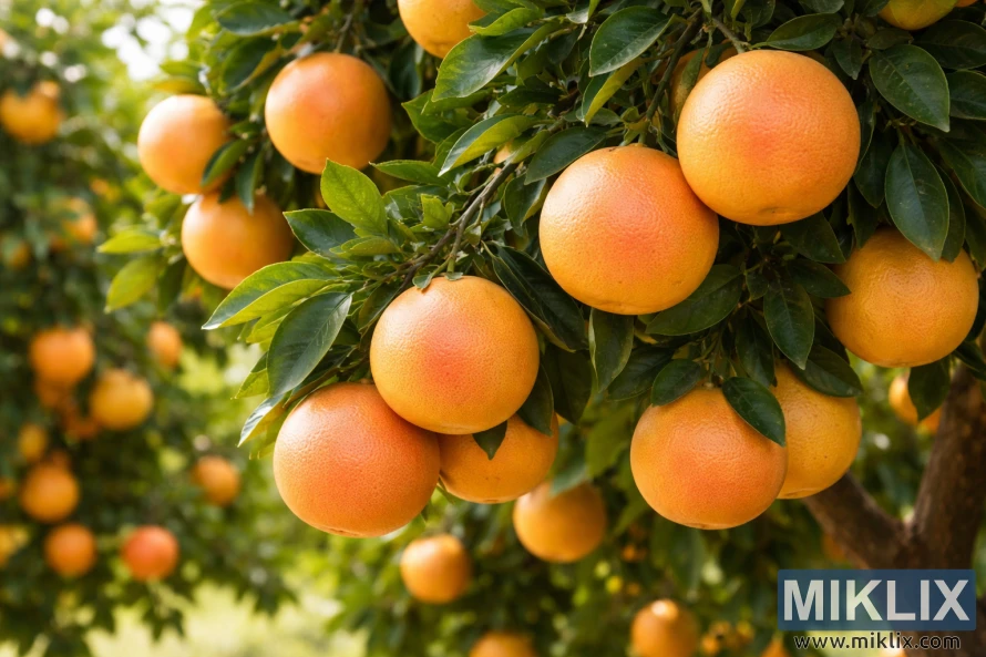 Cachos de toranjas maduras pendurados em um galho frondoso de uma árvore sob a luz quente do sol, prontos para a colheita.
