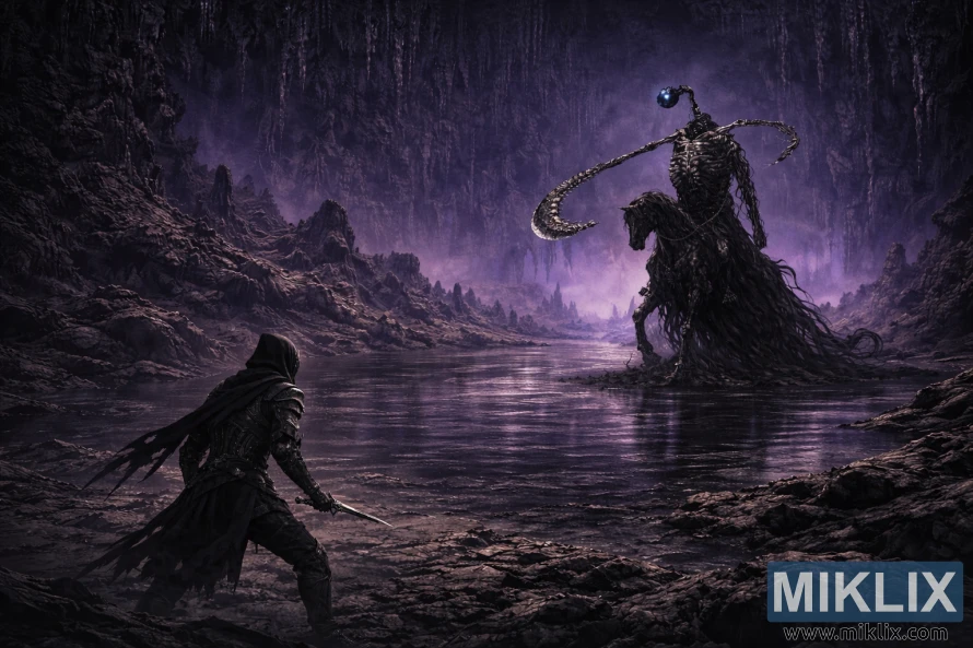 Isometrisk visning av den anløpte vendt mot den råtnende ridderen over et lilla opplyst hulebasseng.